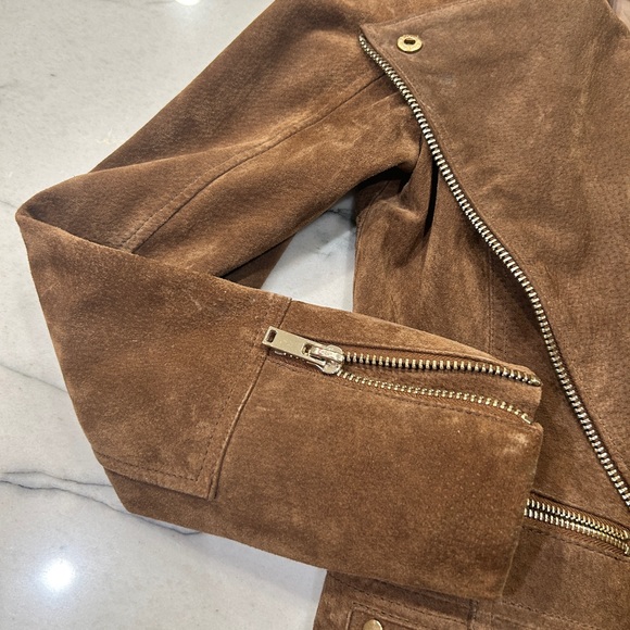 Mango, genuine, leather suede, Moto jacket, gold zippers, tan brown, size medium - Picture 2 of 6